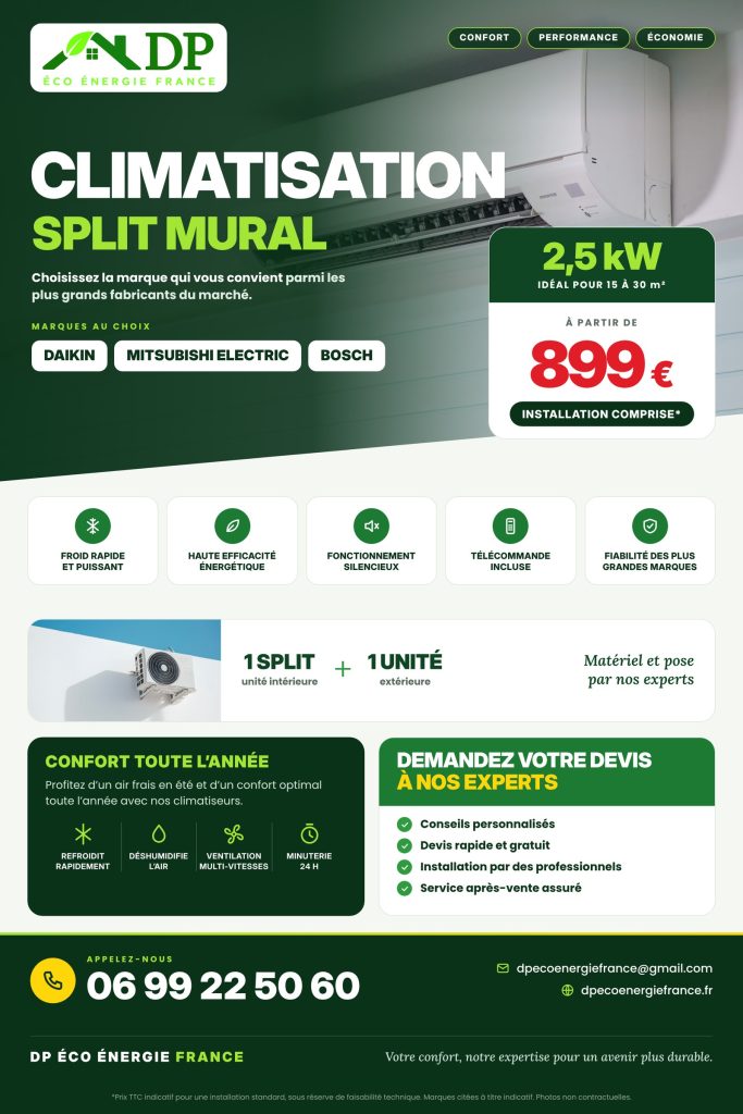 Climatisation split mural 2,5 kW à partir de 899 euros installation comprise