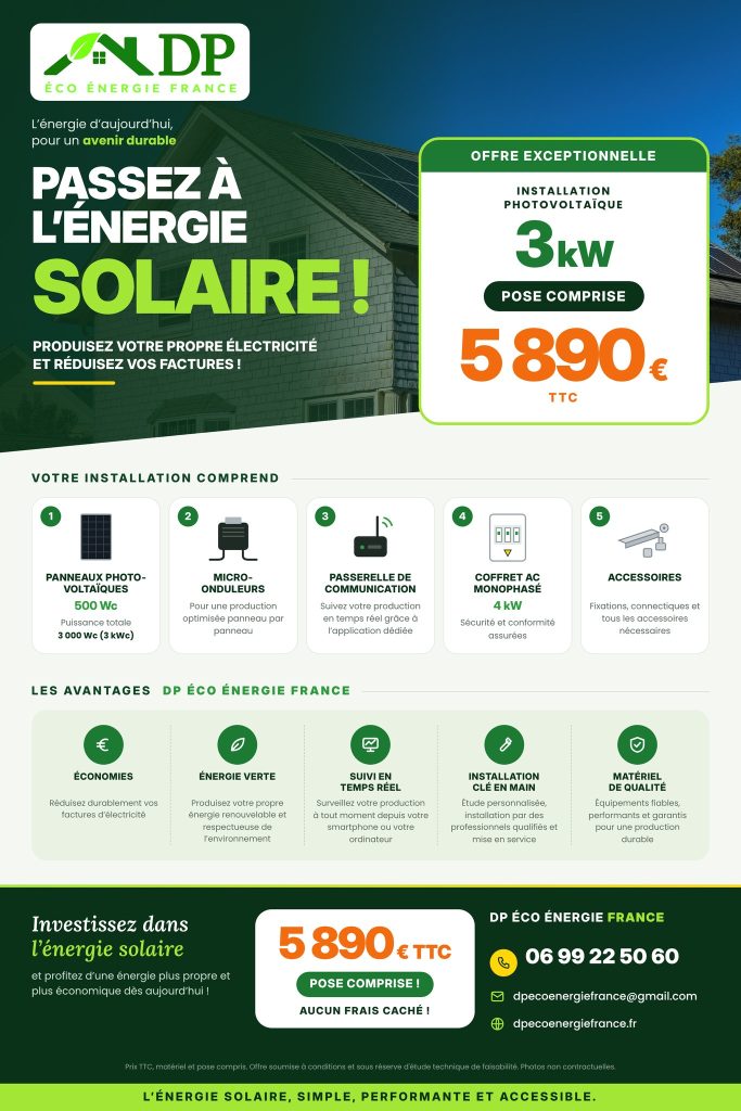Installation photovoltaique 3 kW pose comprise a 5 890 euros TTC