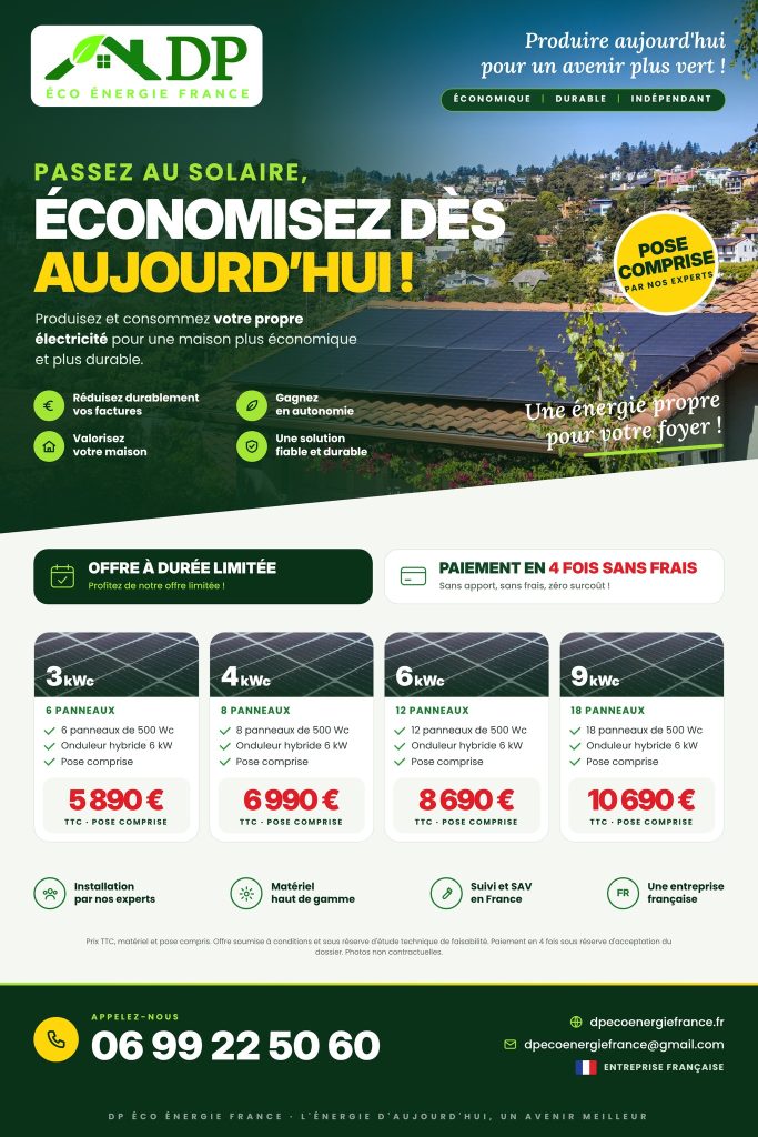 Offres panneaux photovoltaiques 3, 4, 6 et 9 kWc, pose comprise, paiement en 4 fois sans frais