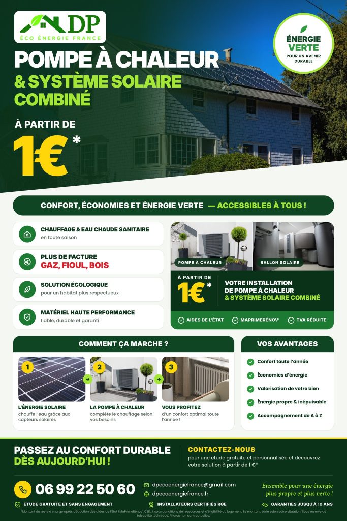 Pompe a chaleur et systeme solaire combine a partir de 1 euro apres aides