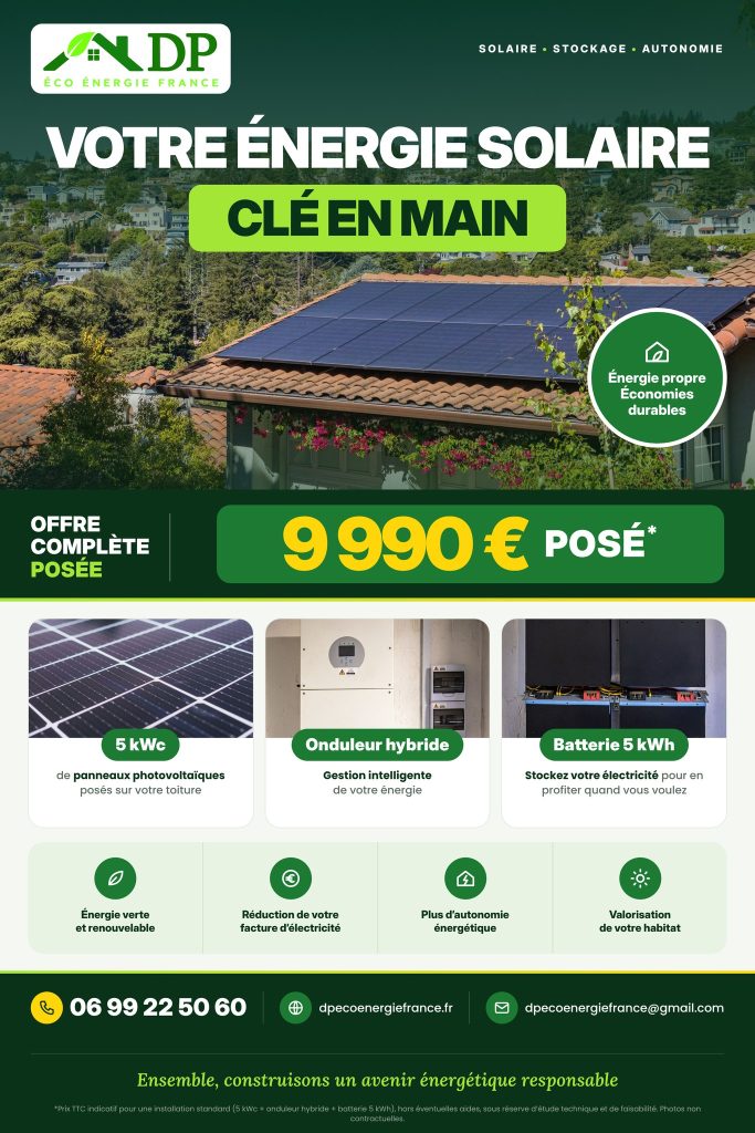 Energie solaire cle en main 5 kWc avec onduleur hybride et batterie 5 kWh a 9 990 euros pose